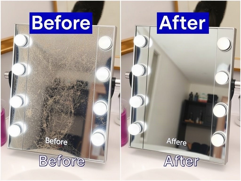 Collage trước và sau khi gương trang điểm được làm sạch.