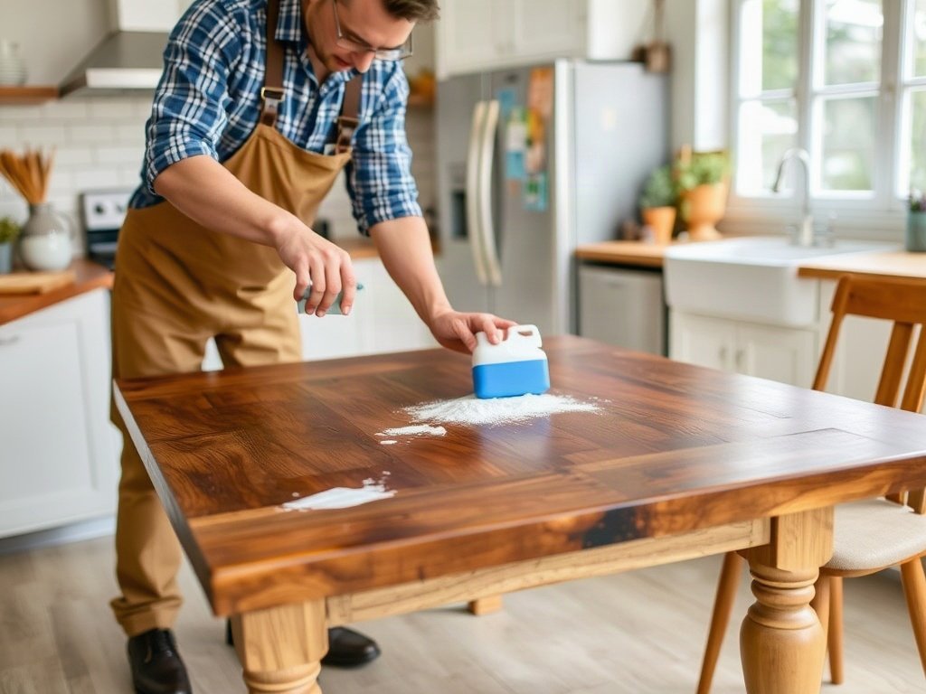 Công nhân loại bỏ vết bẩn khỏi bàn gỗ bằng baking soda