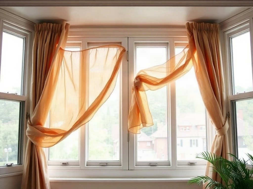 Cửa sổ lớn mở với rèm bay trong nhà