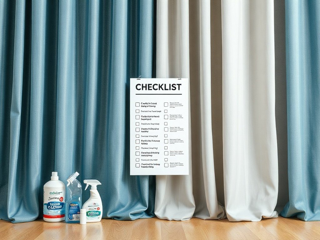 Danh sách dụng cụ vệ sinh bên rèm cửa.