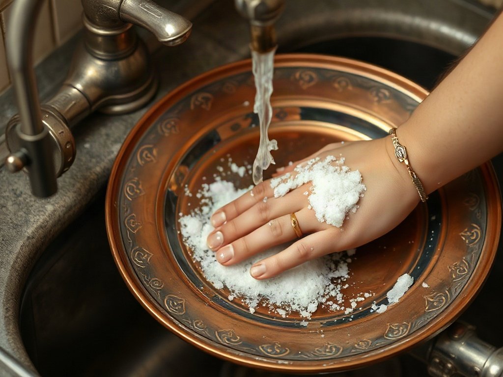 Đĩa đồng trang trí được chà muối dưới nước.