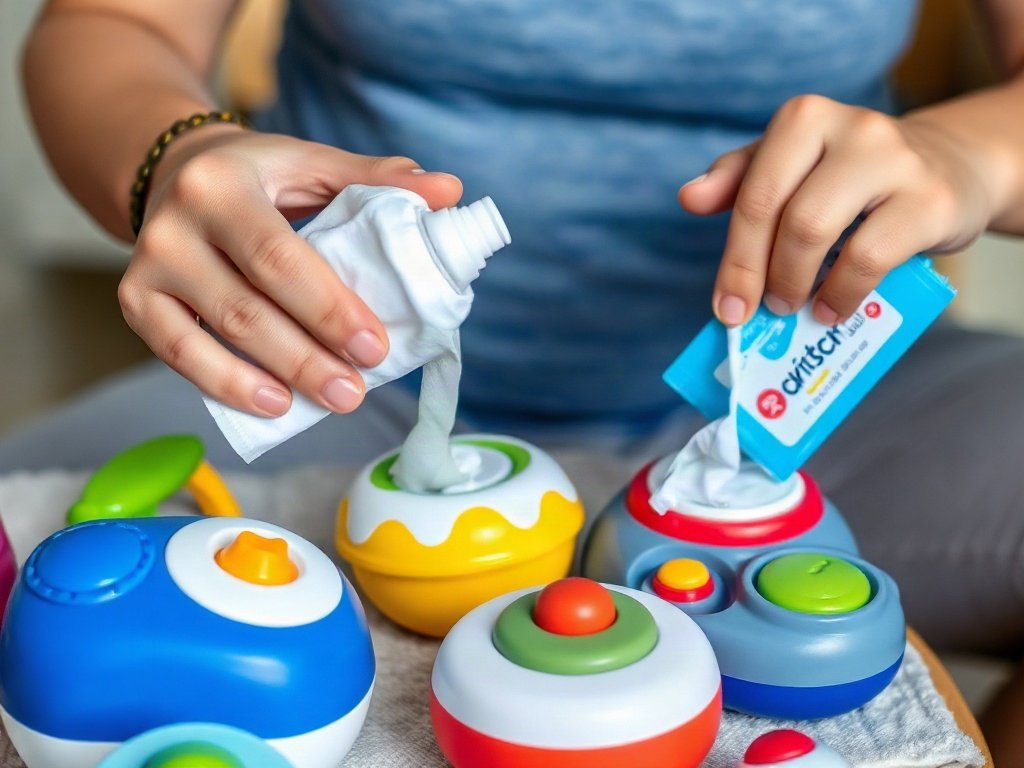 Đồ chơi âm nhạc được lau bằng khăn lau kháng khuẩn