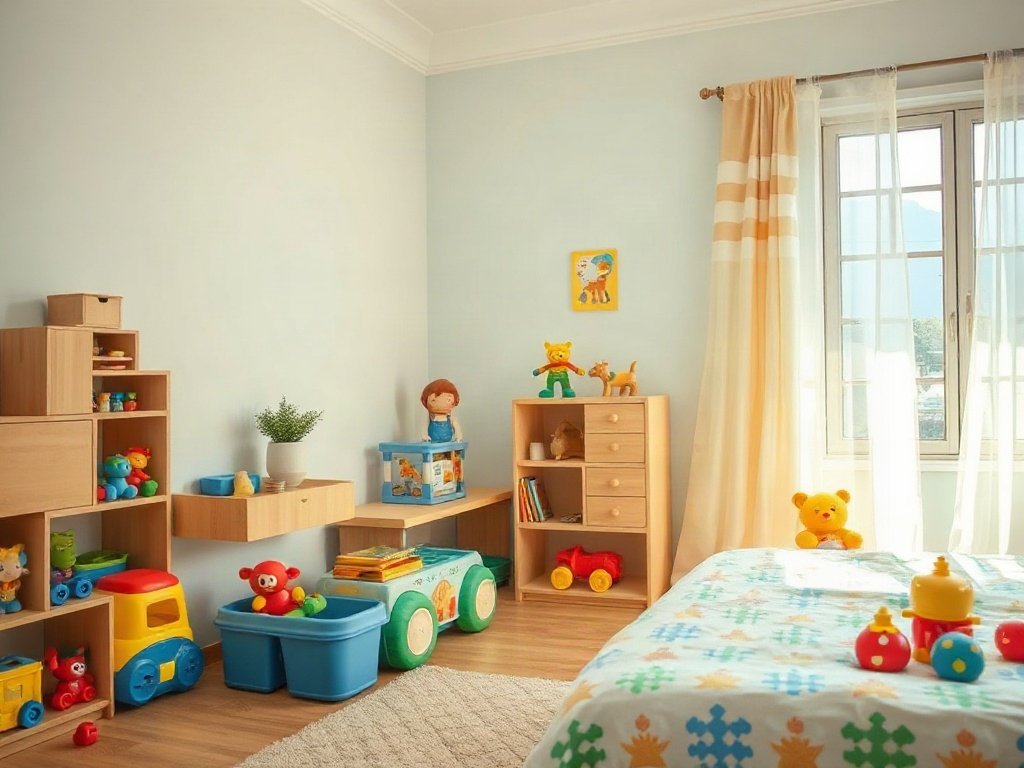 Đồ chơi được sắp xếp gọn gàng trong phòng trẻ em sạch sẽ
