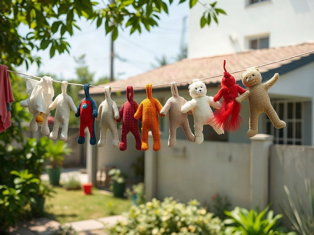 Đồ chơi vải phơi trên dây phơi ngoài sân nắng Việt Nam.