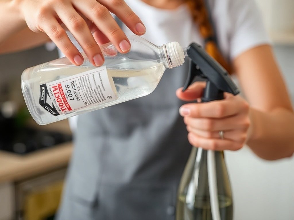 Đổ cồn isopropyl vào bình xịt trong căn bếp.