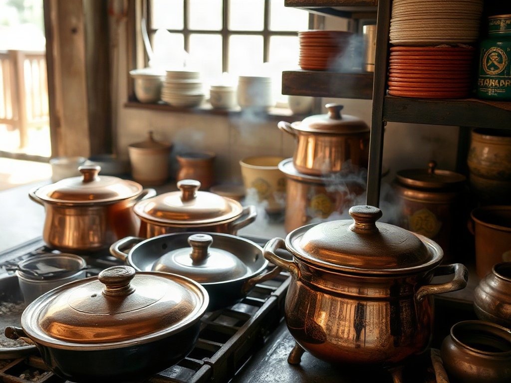 Đồ dùng bếp bằng đồng trong nhà bếp Việt Nam.
