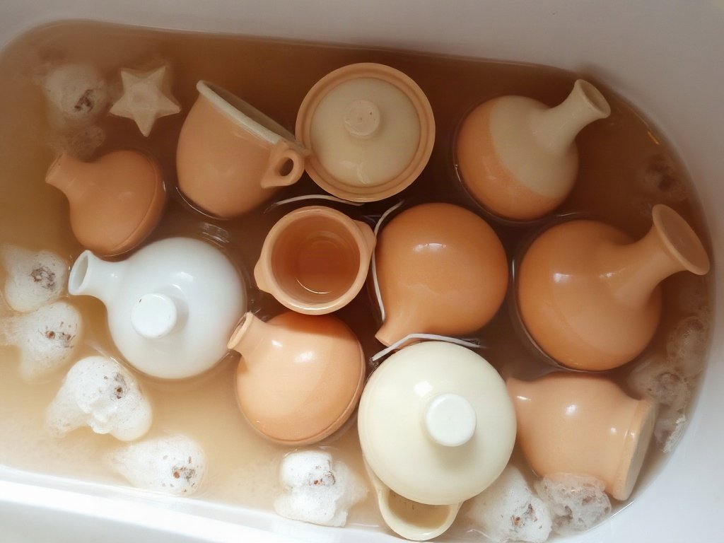 Đồ gốm ngâm trong bồn nước ấm xà phòng