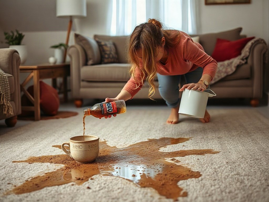 Đổ nước soda lên vết cà phê trên thảm ở phòng khách