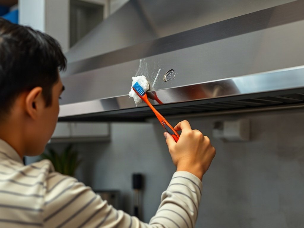 Dùng bàn chải đánh răng để vệ sinh góc khuất máy hút mùi bếp