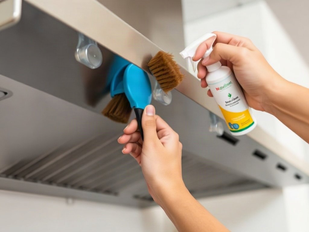 Dùng bàn chải và xà phòng nhẹ vệ sinh máy hút mùi trong bếp Việt