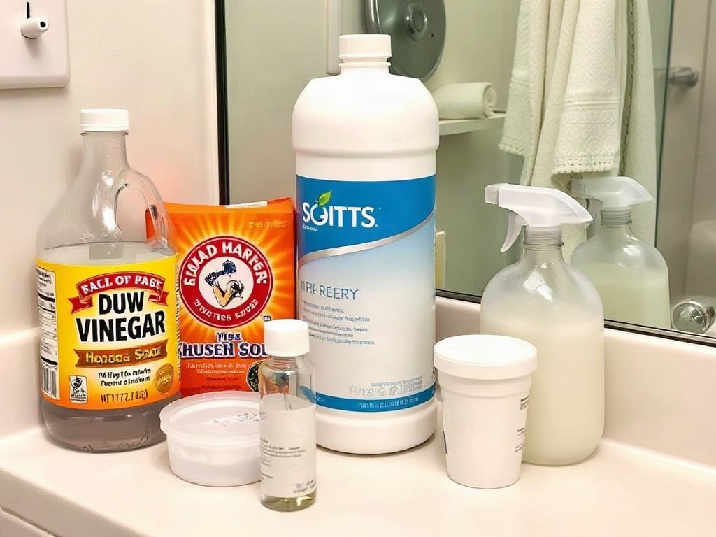 Dụng cụ gia đình như giấm và baking soda gần khu vực vòi sen.