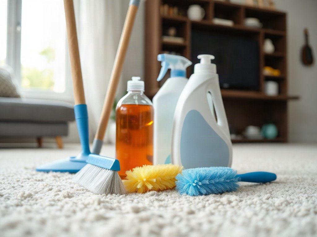 Dụng cụ làm sạch thảm: bàn chải, bọt biển, chai tẩy rửa
