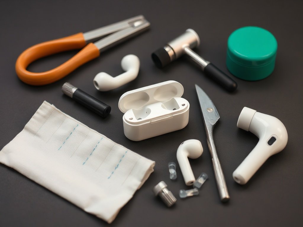 Dụng cụ và vật liệu vệ sinh tai nghe không dây được sắp xếp ngăn nắp