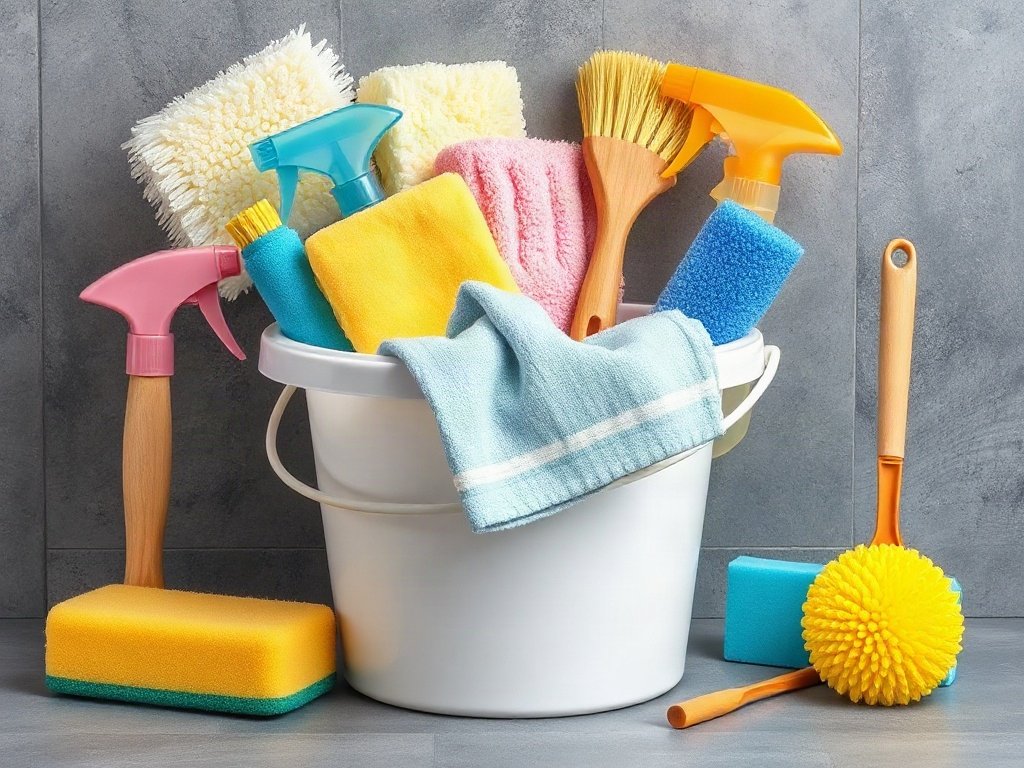 Dụng cụ vệ sinh tường như bọt biển, chổi và xô nước