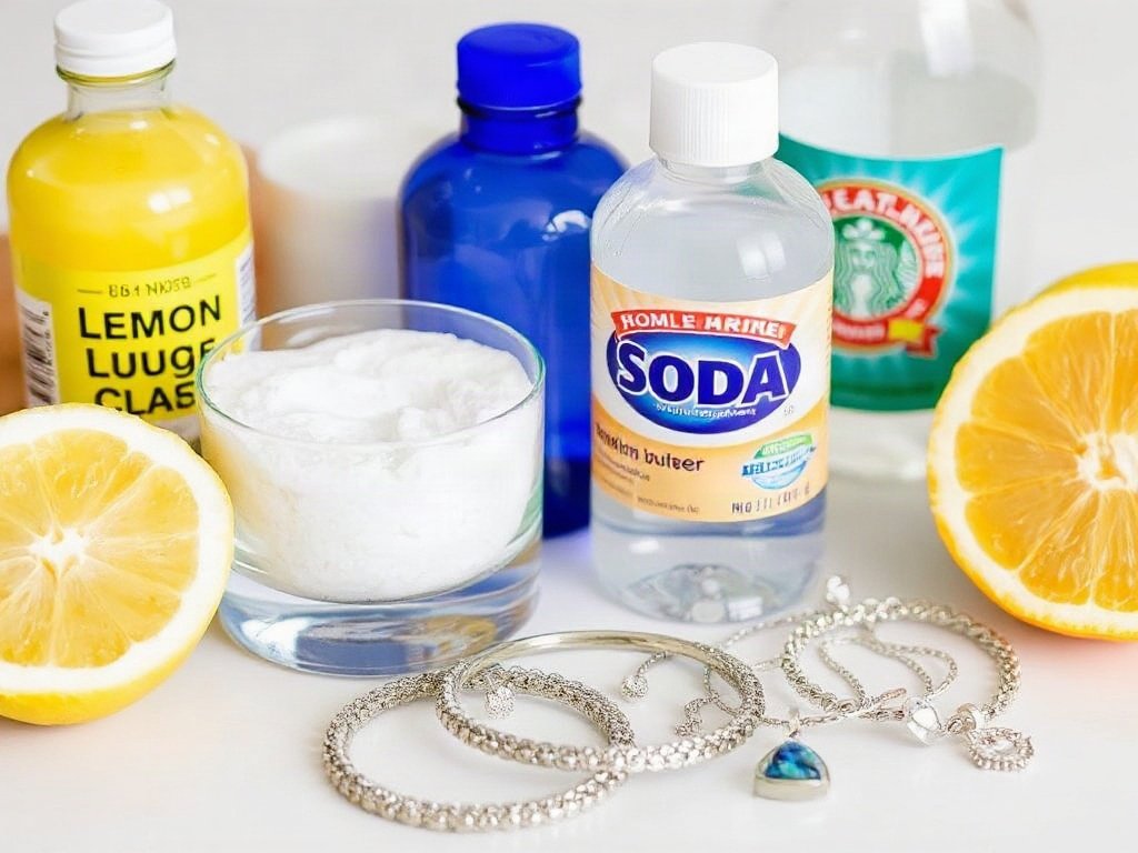 Dung dịch làm sạch tự chế với chanh và nước soda cùng trang sức bạc