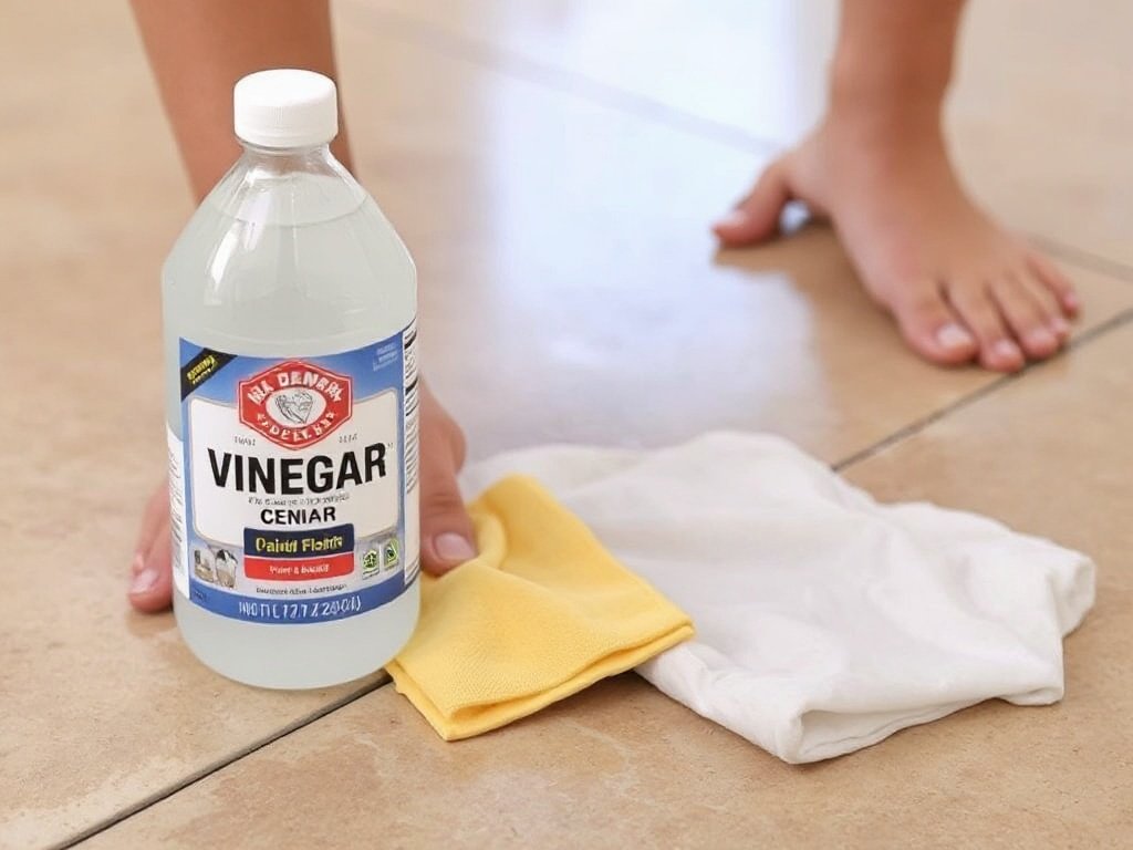 Dùng giấm và vải lau sạch sơn trên nền gạch.