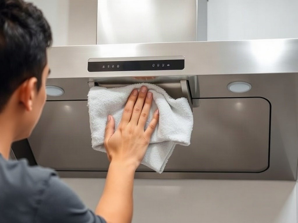 Dùng khăn microfiber để đánh bóng máy hút mùi trong nhà bếp