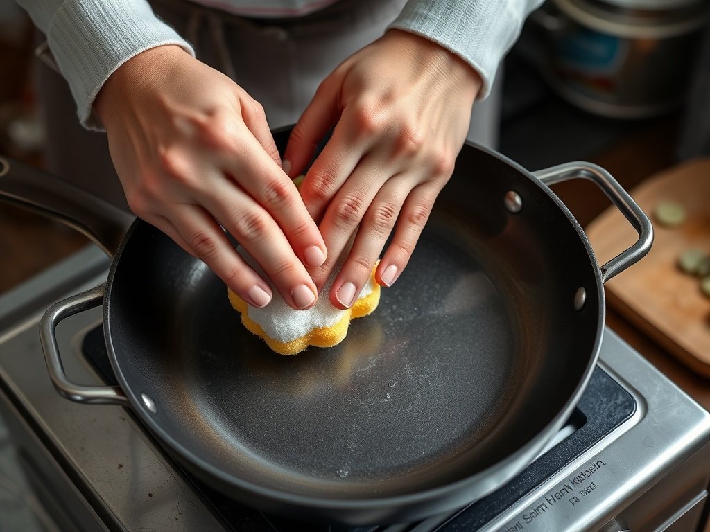 Dùng miếng bọt biển mềm chà nhẹ chảo chống dính.
