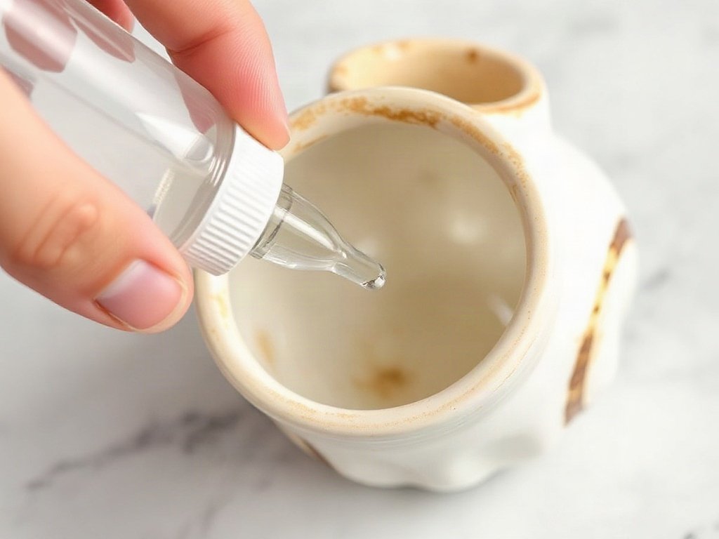 Fokus vào tay đang thoa hydrogen peroxide lên bình gốm để loại bỏ vết ố.
