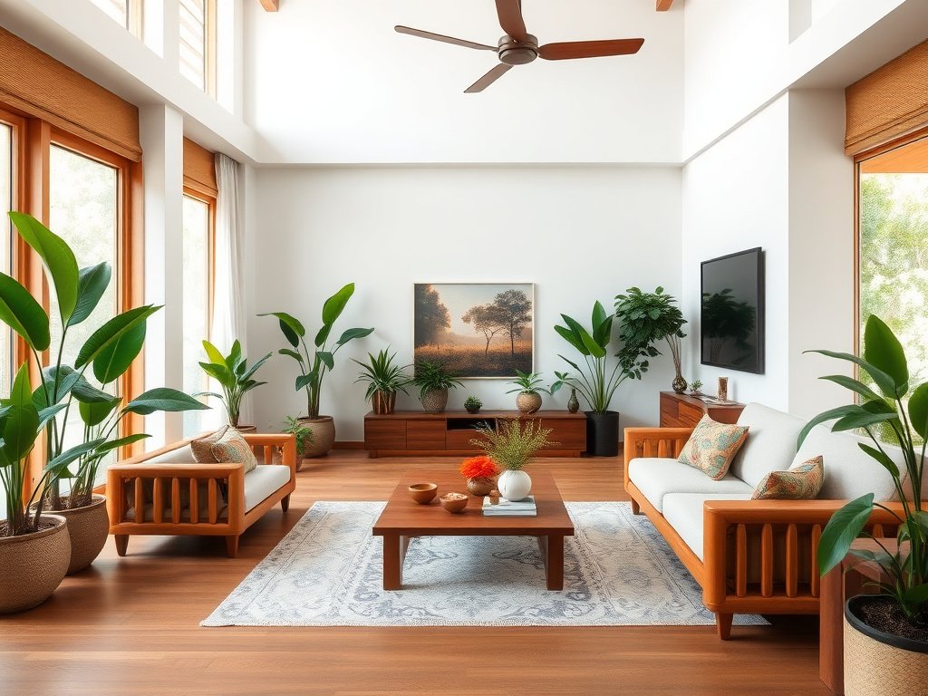 Phòng khách Đông Nam Á với sofa gỗ tự nhiên và ánh sáng tự nhiên