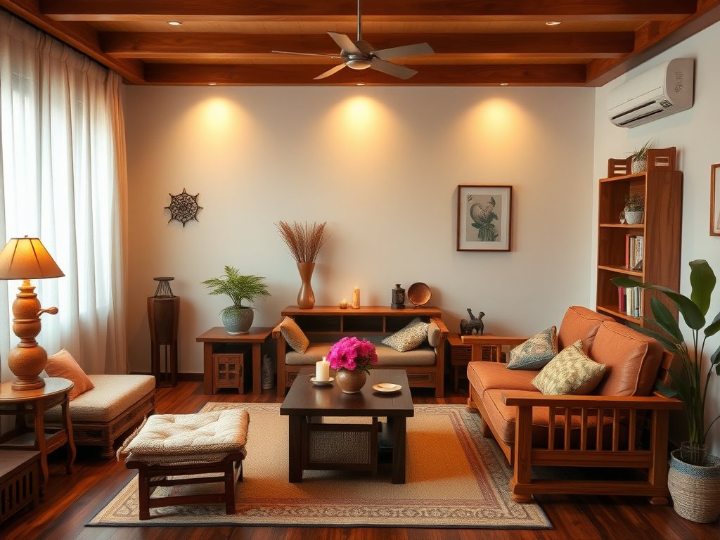 Phòng khách Việt Nam ấm áp với sofa làm từ gỗ tự nhiên