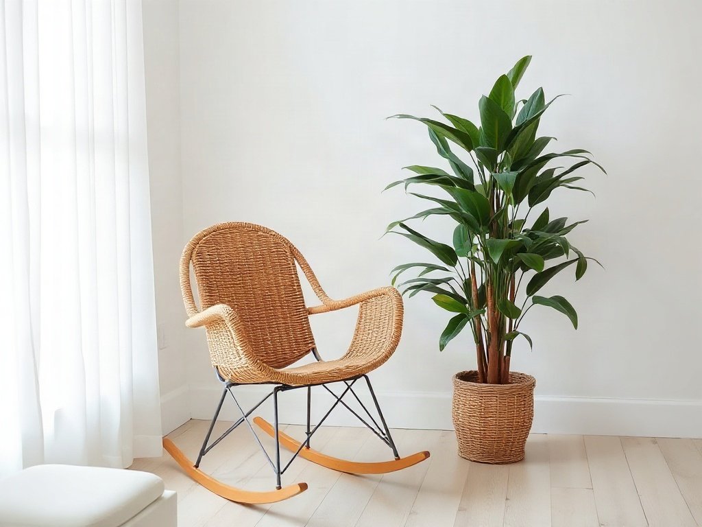 Ghế bập bênh mây tre cạnh cây cảnh trong nhà.