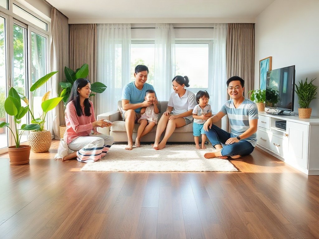 Gia đình Việt hạnh phúc với sàn vinyl sạch sẽ.