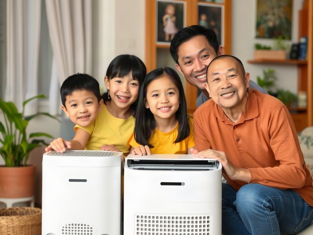Gia đình Việt Nam hài lòng với máy lọc không khí sạch trong ngôi nhà ấm cúng.
