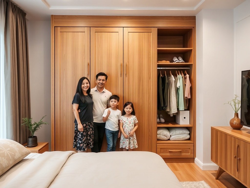 Gia đình Việt Nam hài lòng với tủ quần áo gỗ tự nhiên mới