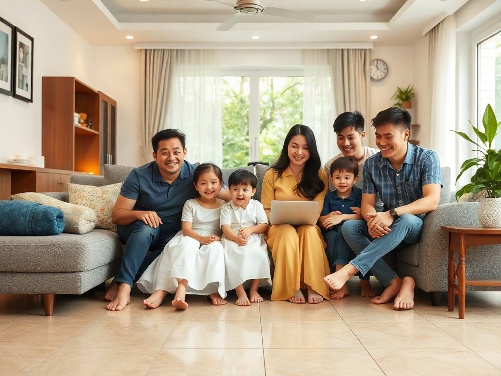 Gia đình Việt Nam hạnh phúc với sàn gạch men sạch đẹp.