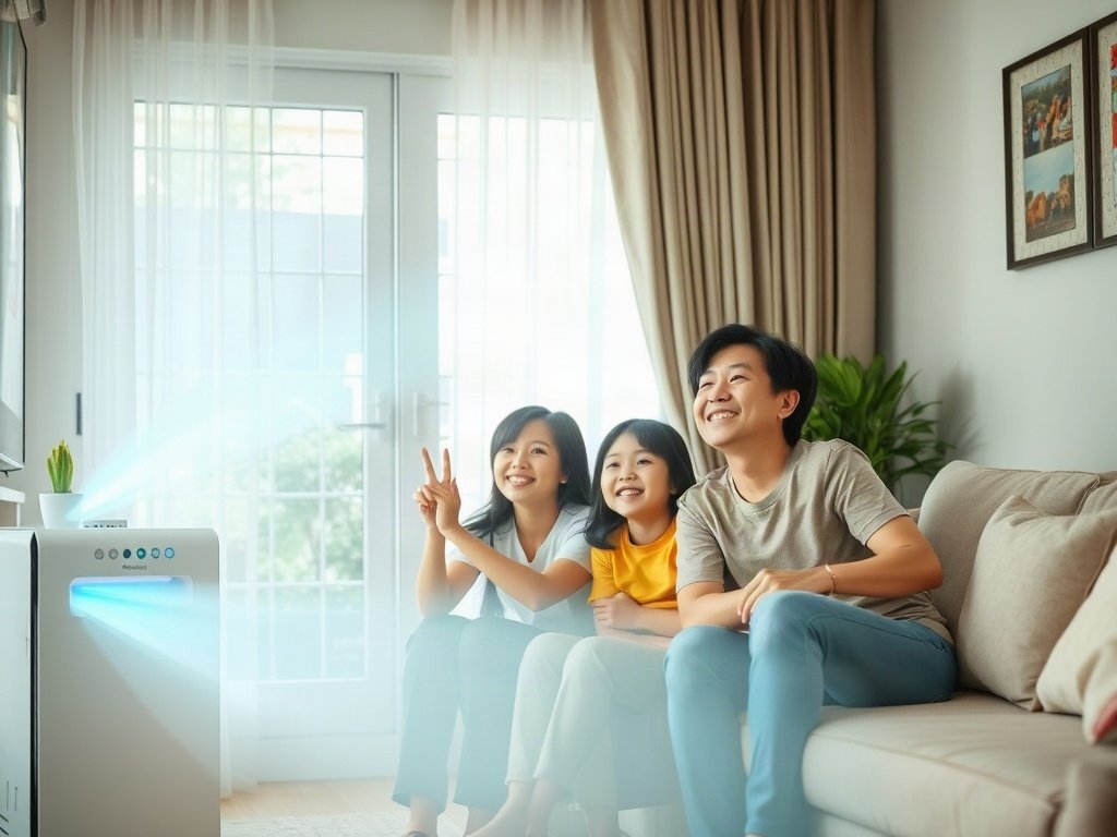 Gia đình Việt Nam tận hưởng không khí sạch từ máy lọc không khí.