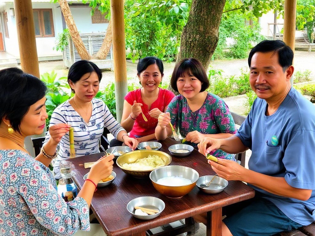 Gia đình Việt Nam thưởng thức bữa ăn bằng dụng cụ tre, nhấn mạnh lối sống bền vững.