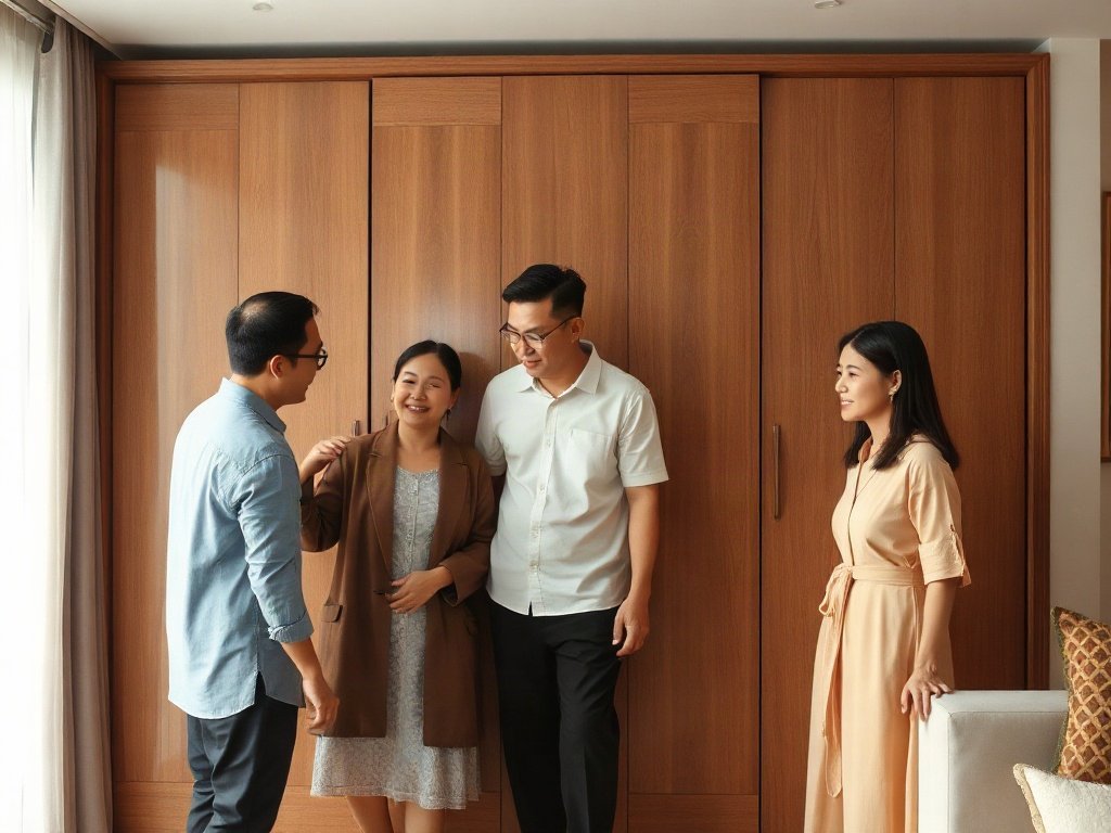 Gia đình Việt Nam tương tác quanh tủ quần áo gỗ tự nhiên