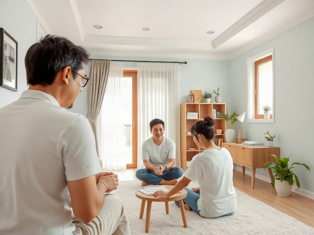 Gia đình Việt Nam vui chơi trong phòng tường sạch mới