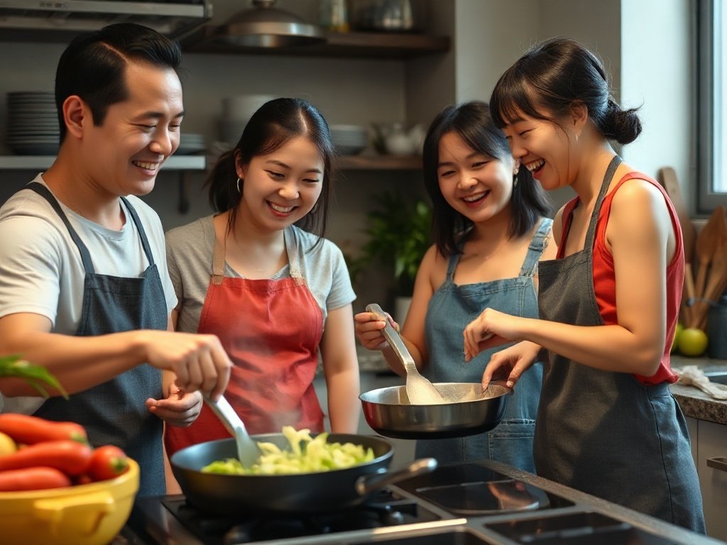 Gia đình Việt Nam vui vẻ nấu ăn cùng chảo chống dính đã vệ sinh đúng cách.