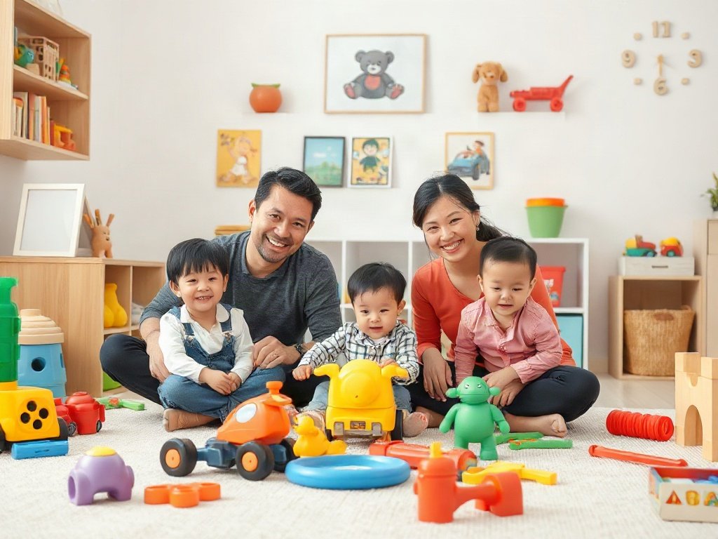 Gia đình Việt Nam vui vẻ trong phòng chơi sạch sẽ với đồ chơi ngăn nắp