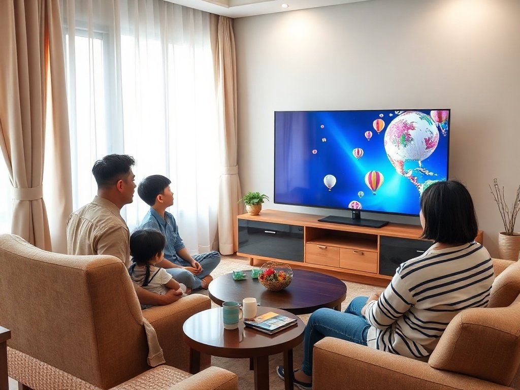 Gia đình Việt Nam xem tivi trong phòng khách sạch sẽ.