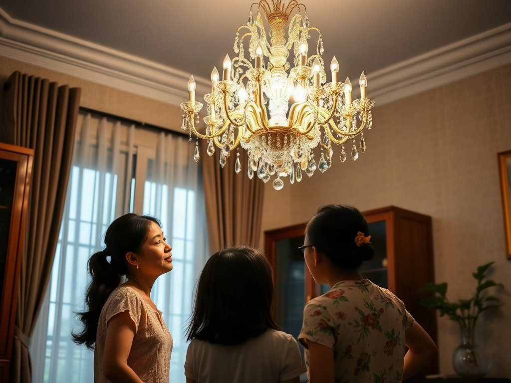 Gia đình Việt ngắm đèn chùm sáng bóng trong nhà