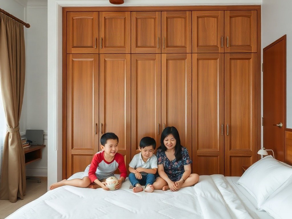 Gia đình Việt tận hưởng phòng ngủ với tủ quần áo gỗ 5 cánh, tạo không khí ấm cúng