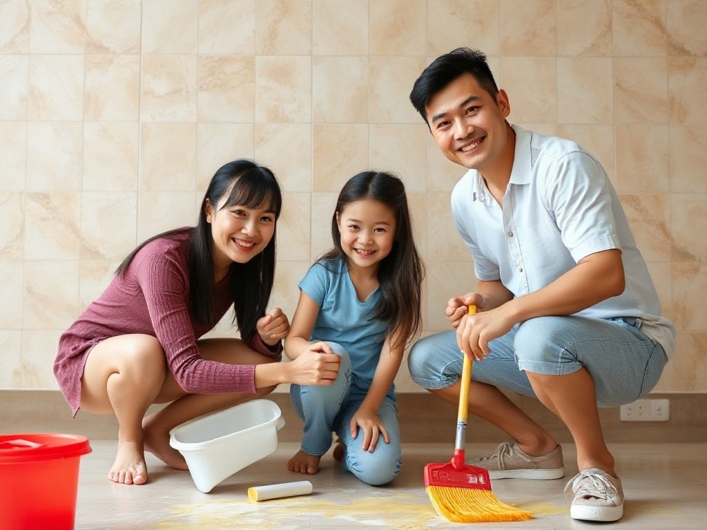 Gia đình Việt tẩy sơn trên nền gạch cùng nhau.