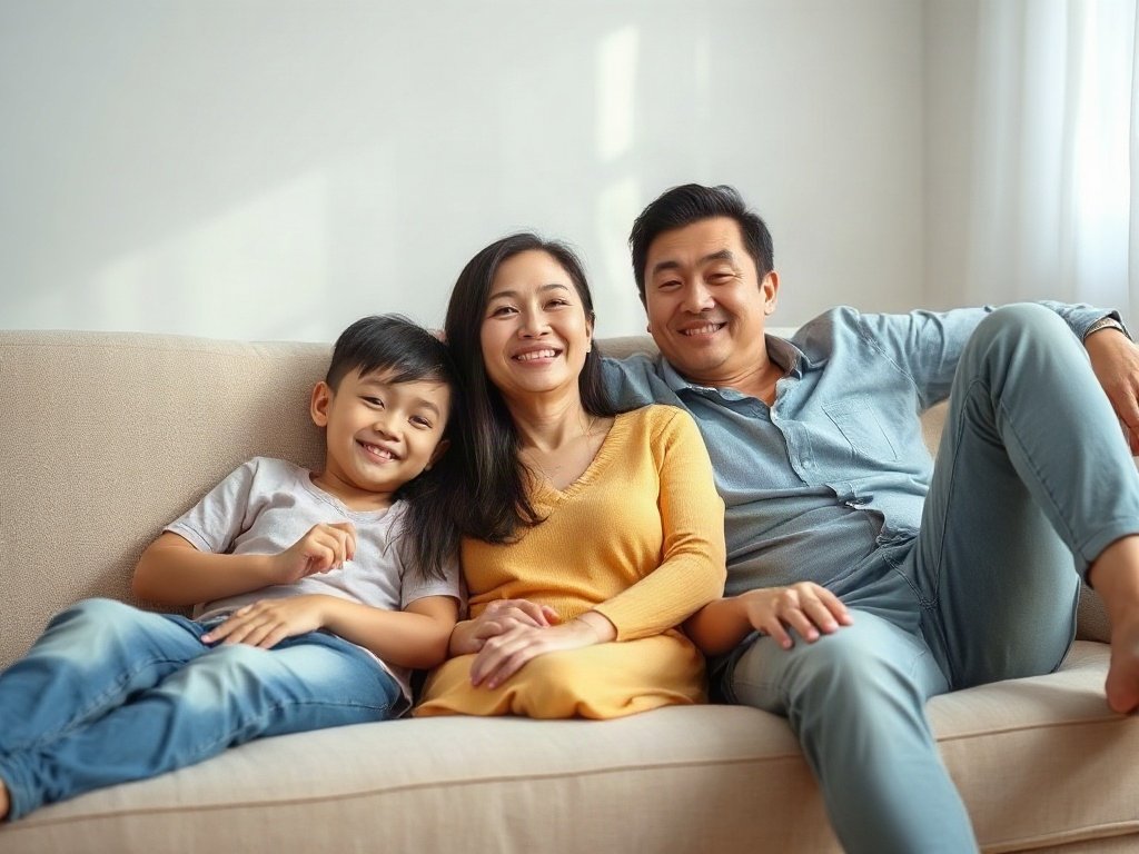 Gia đình Việt thư giãn trên sofa vải sau khi vệ sinh