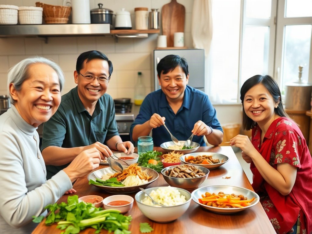 Gia đình Việt vui vẻ dùng bữa trong nhà bếp sạch sẽ.