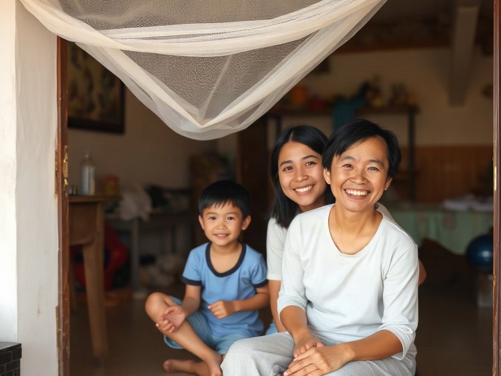 Gia đình Việt vui vẻ trong không gian sạch với cửa lưới chống muỗi.