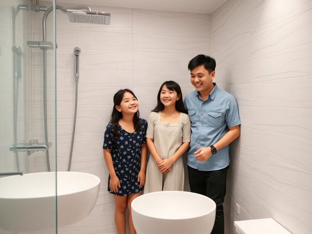 Gia đình Việt vui vẻ trong phòng tắm hiện đại ngắm vòi sen sạch sẽ.