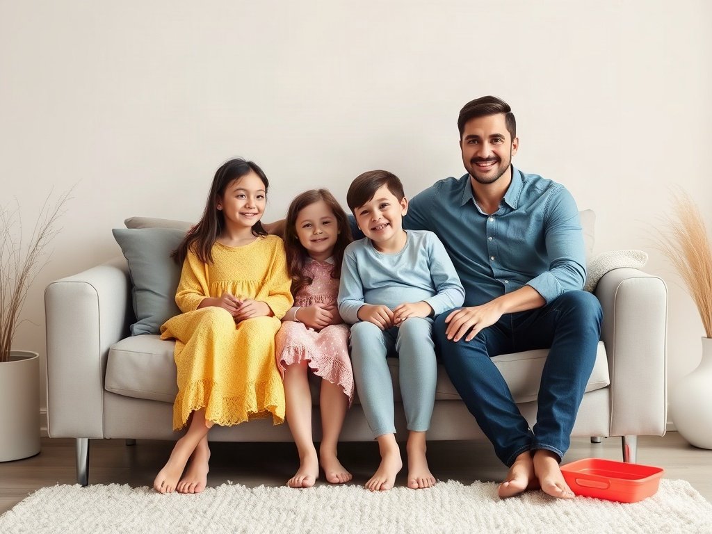 Gia đình vui vẻ trên ghế sofa sau khi làm sạch tường