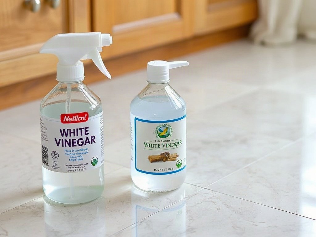 Giấm trắng trong bình xịt trên sàn vinyl.
