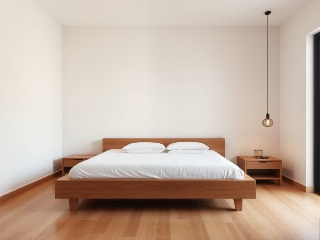 Phòng ngủ tối giản với giường gỗ sồi