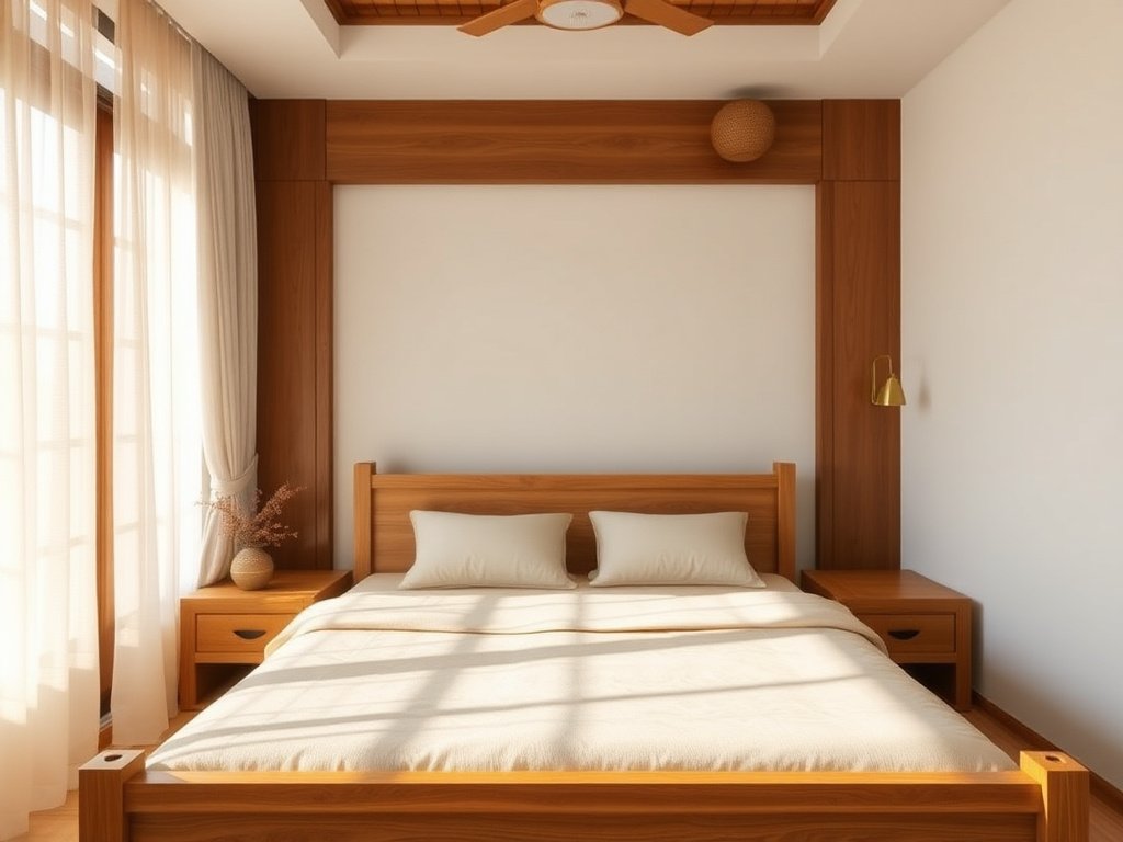 Giường gỗ sồi trong phòng ngủ với ánh sáng tự nhiên