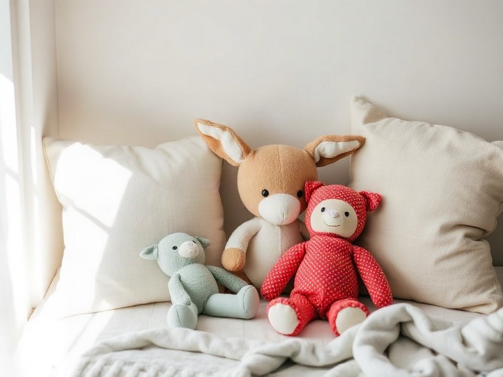 Góc nhỏ ấm áp với đồ chơi vải sạch, nêu bật lợi ích môi trường của chất tẩy rửa tự nhiên.