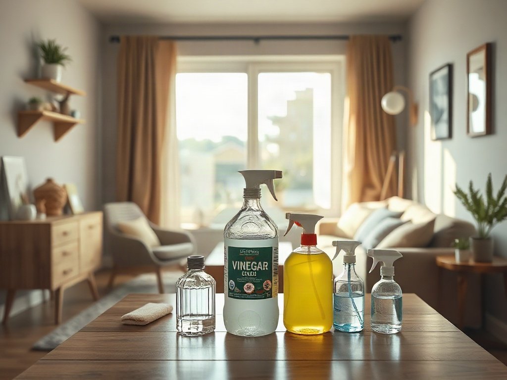 Góc phòng gia đình với dụng cụ tẩy rửa và chai giấm